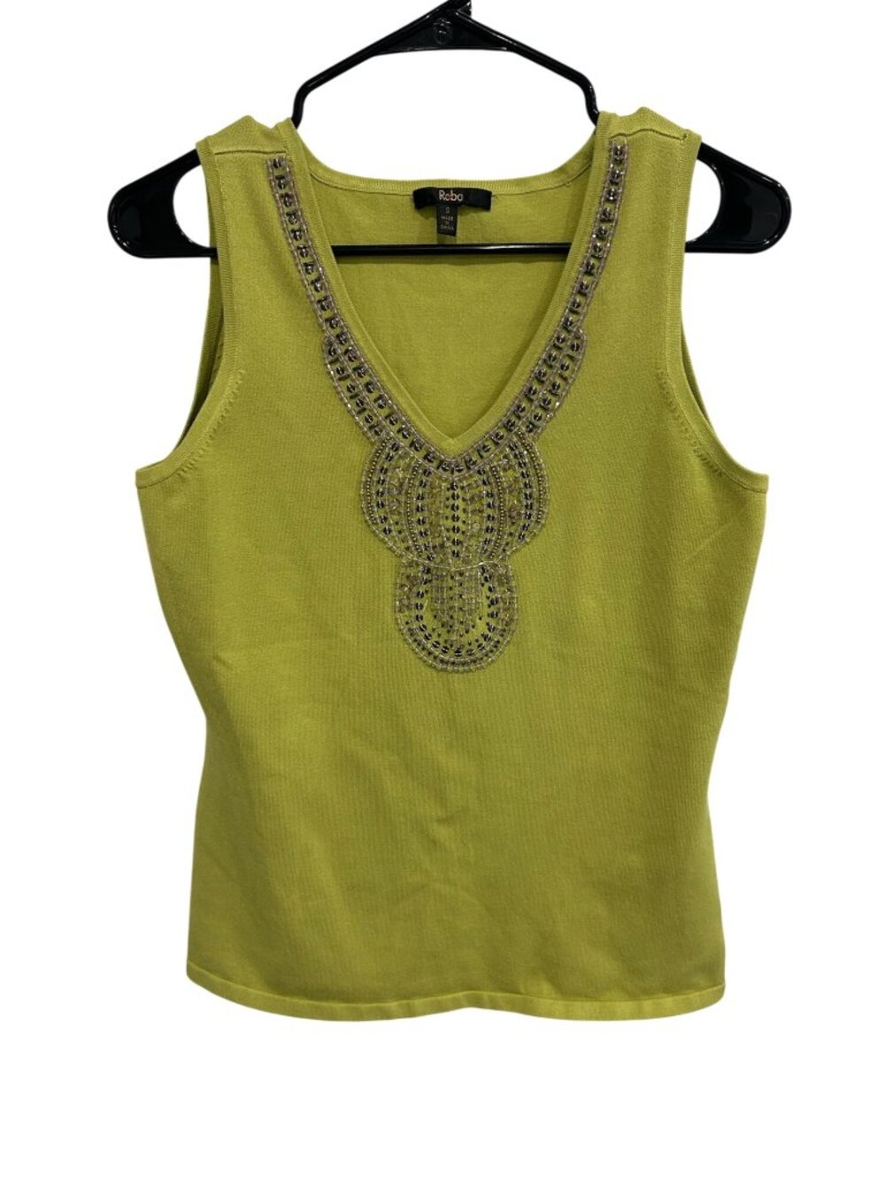 Reba Green Silk Blend Tank Top Intricate Beaded Neckline Size S Lightweight Boho